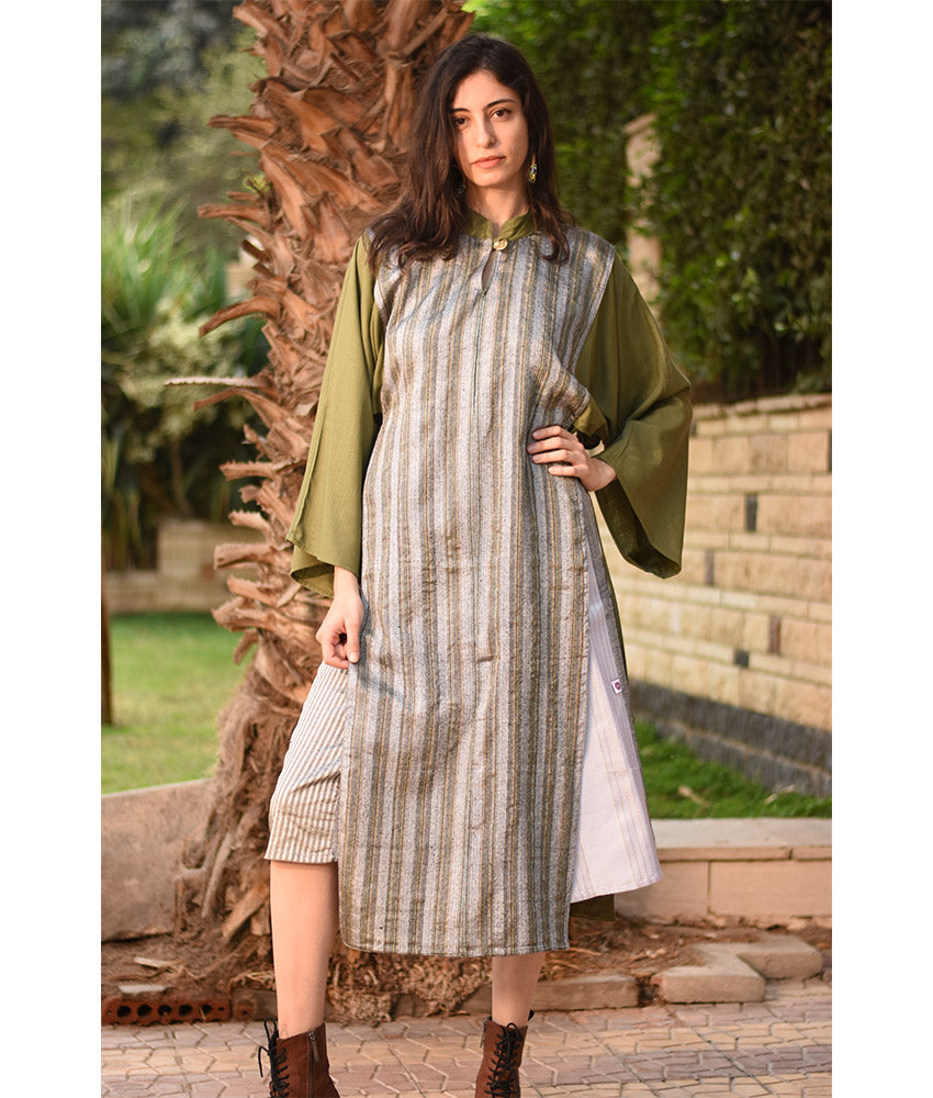 Army Green & Silver Silk & Cotton Loom Woven Long Sleeve Tunic handmade in Egypt & available at Jozee Boutique.