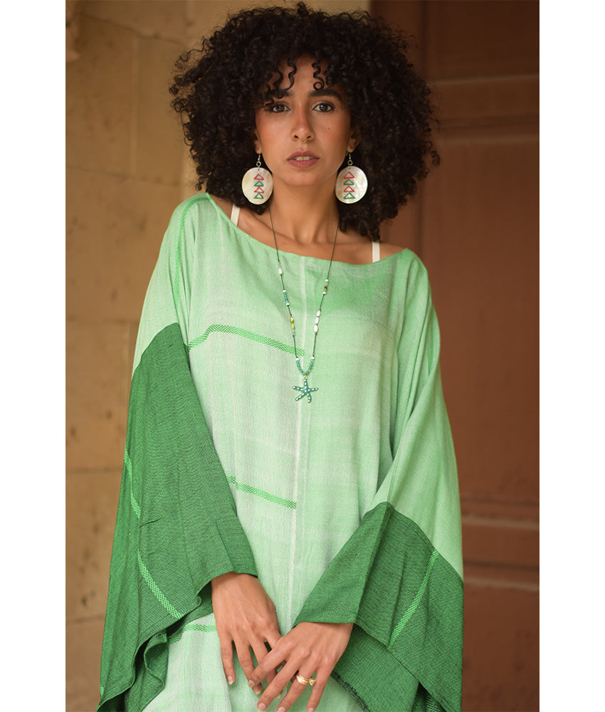 Shades of Green Viscose Midi Dress with Inspired Pattern handmade in Egypt & available at Jozee Boutique.