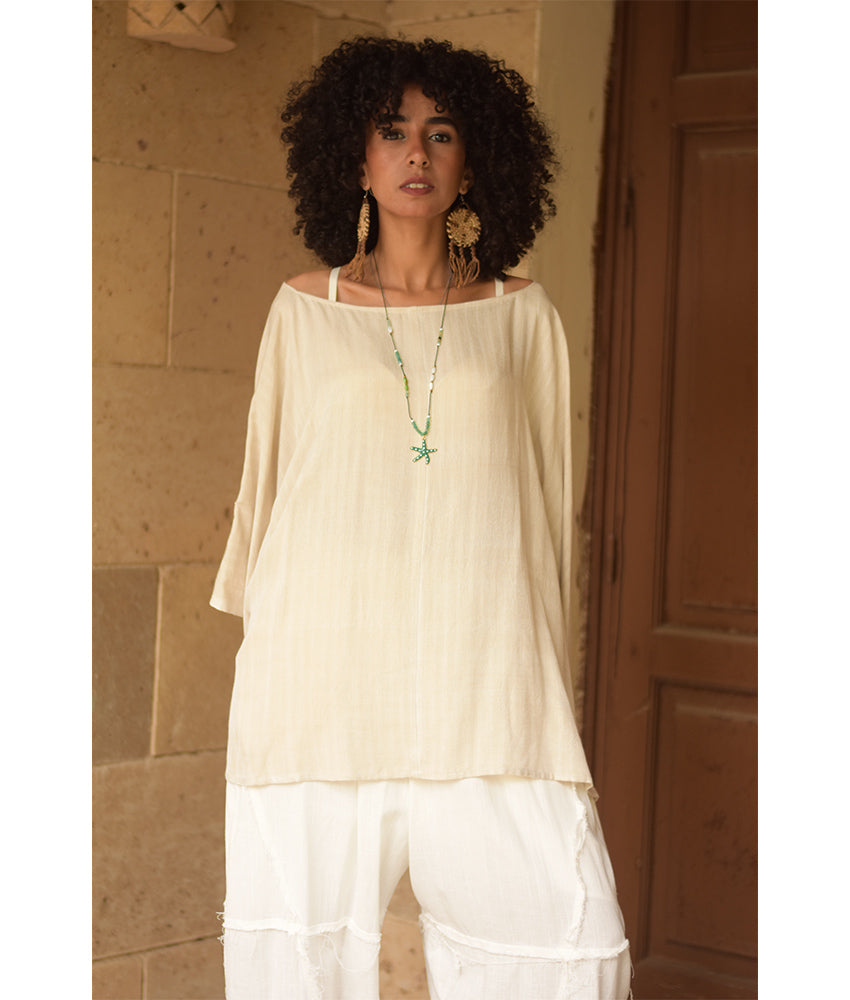 Off white Viscose Oversized Top with Flowing Silhouette handmade in Egypt & available at Jozee Boutique.