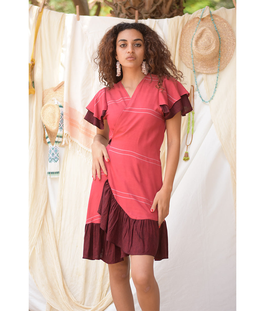 Shades of Red Handwoven Short Spiral Dress handmade in Egypt & available at Jozee Boutique.
