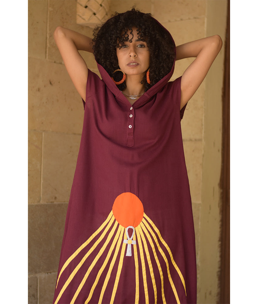 Burgundy Linen Dress with Khyamia Ancient Egyptian Crafts Patchwork handmade in Egypt & available at Jozee Boutique.