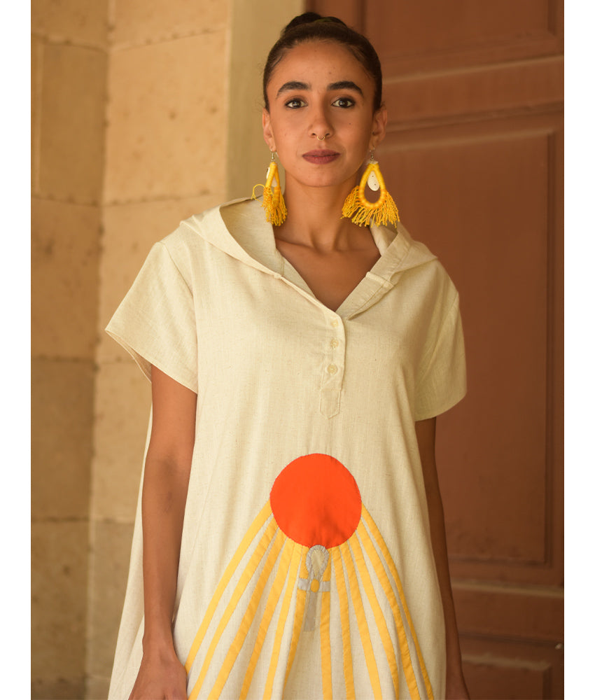 Off White Linen Dress with Khyamia Ancient Egyptian Crafts Patchwork handmade in Egypt & available at Jozee Boutique.