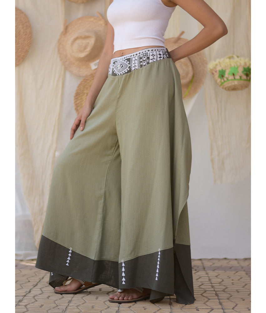 Light Olive Green Siwa Embroidered Flowy Pants handmade in Egypt & available at Jozee Boutique.
