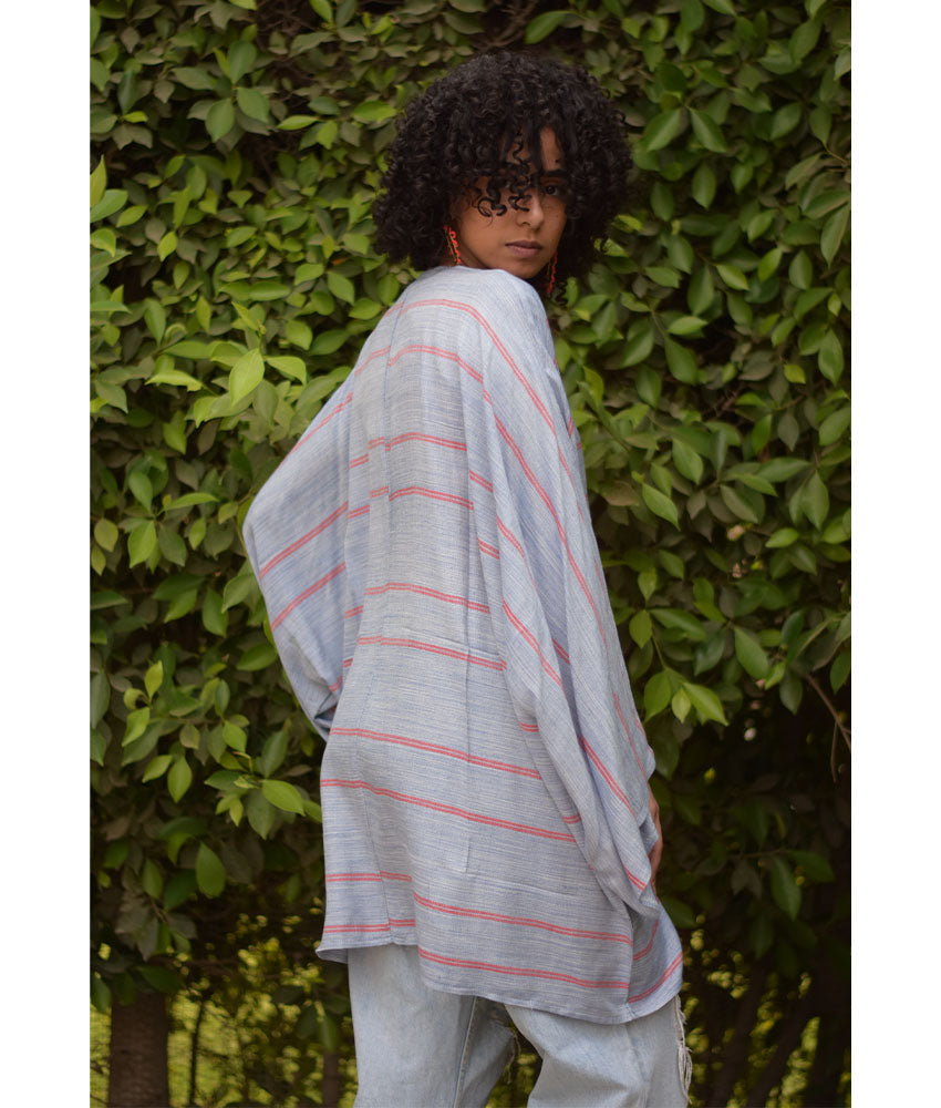 Baby Blue & Red handwoven Egyptian cotton cardigan handmade in Egypt & available at Jozee Boutique.