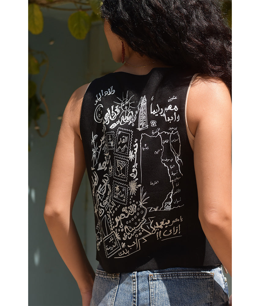 Black El Mahrousa Linen Wrap Vest handmade in Egypt & available at Jozee Boutique.