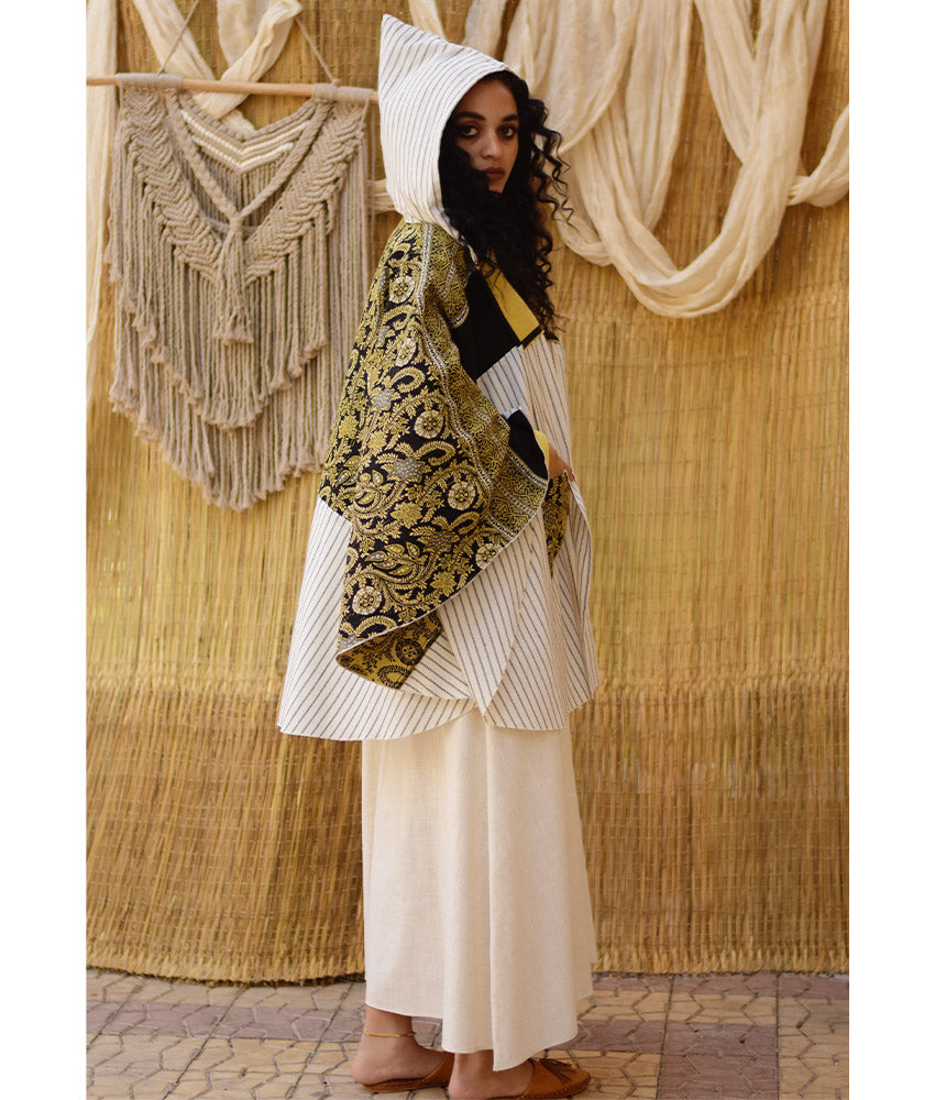 White, Black & Mustard Wool & Heavy Linen Double-Face Heritage Cape