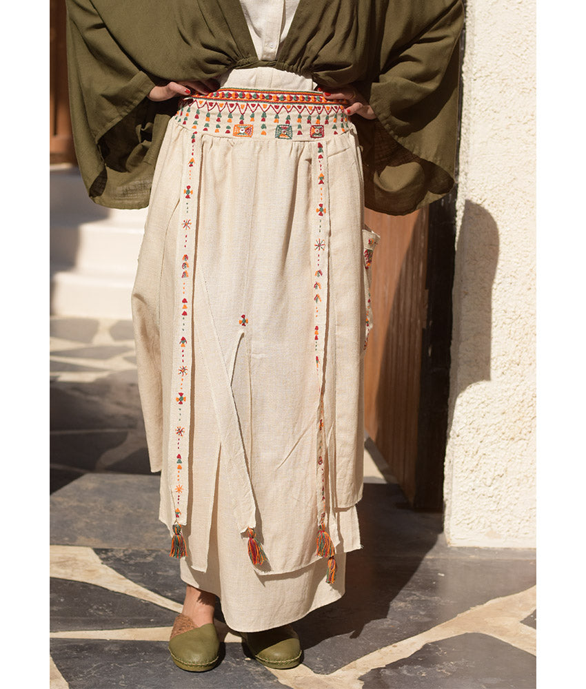 Beige Siwa Embroidered Linen Slices Skirt handmade in Egypt & available in Jozee boutique