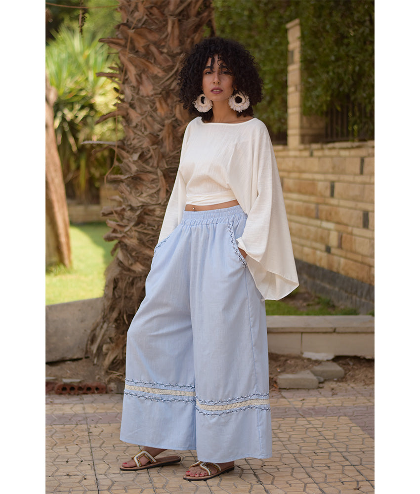 Baby blue Linen Set with Hand Embroideries handmade in Egypt & available at Jozee Boutique.