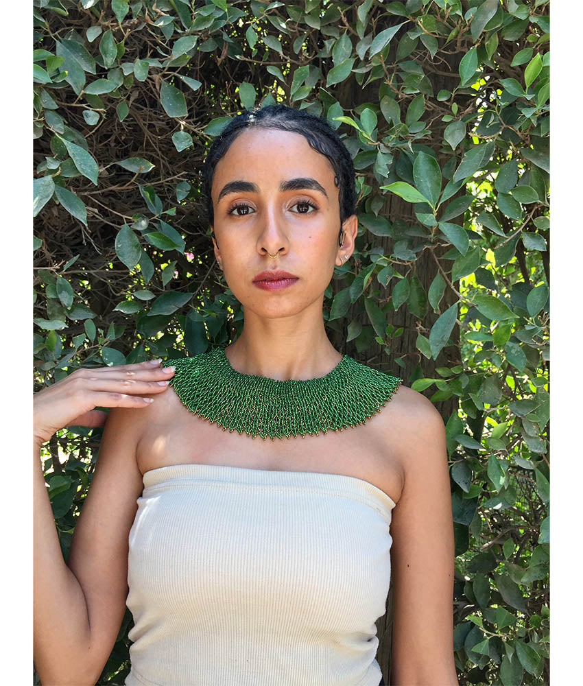 Green & Gold Double Layer French Loom Beaded Necklace handmade in Egypt & available at Jozee Boutique.
