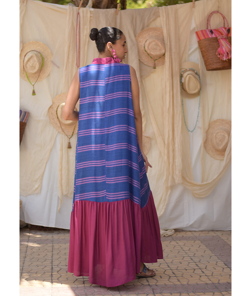 Blue & Fuchsia Handwoven Ruffle Dress handmade in Egypt & available in Jozee boutique