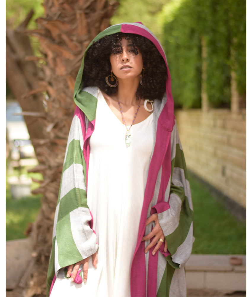 Multicolored Viscose Cardigan with Hoodie handmade in Egypt & available at Jozee Boutique.