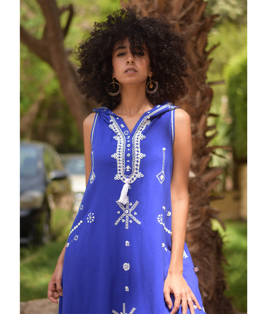 Electric Blue Siwa Heavily Embroidered Linen Dress with Hoodie handmade in Egypt & available at Jozee Boutique.