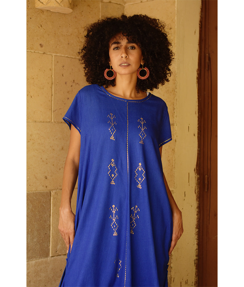 Electric Blue Linen Dress with Gold Tally Embroideries handmade in Egypt & available at Jozee boutique