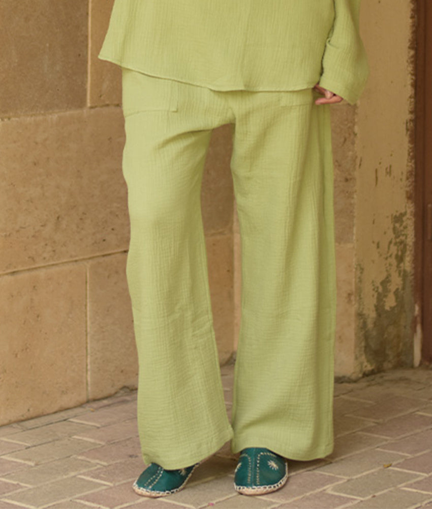 Light Olive Green Cotton Textured Wide-Leg Pants handmade in Egypt & available at Jozee boutique