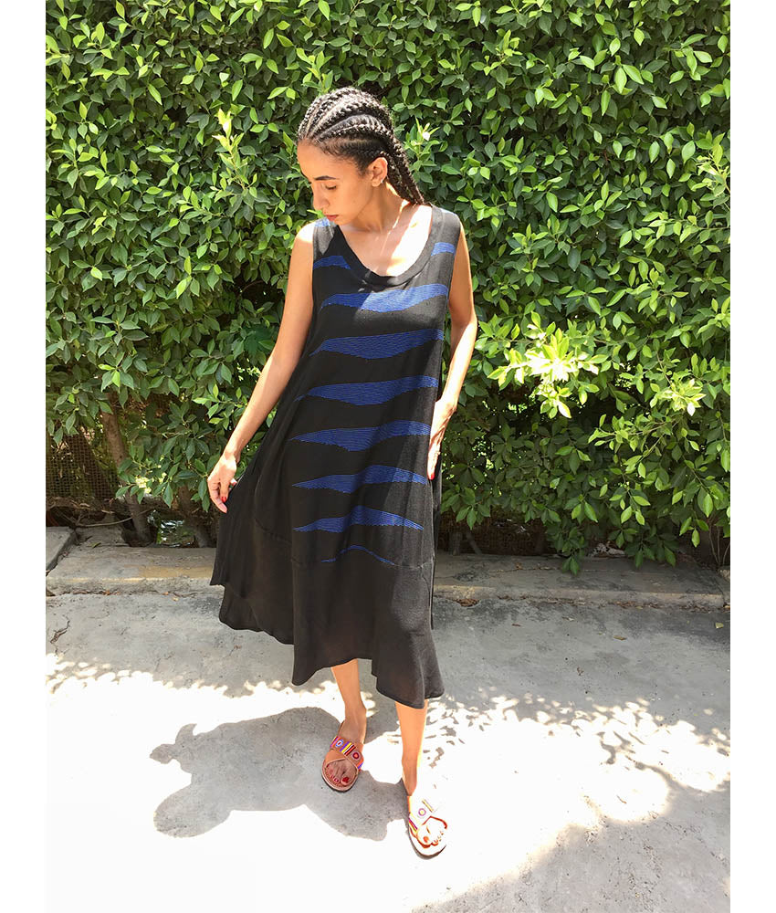 Black & Blue Viscose Midi Sleeveless Dress Handmade in Egypt & available in Jozee boutique