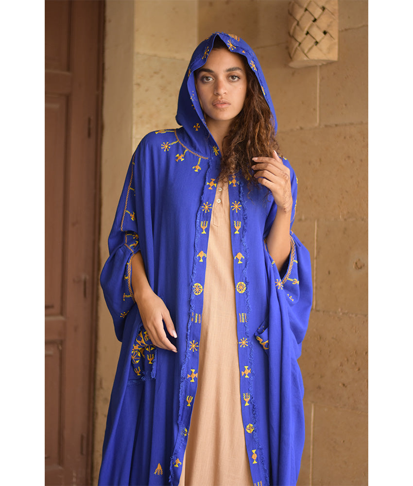 Electric Blue Siwa Embroidered Linen Cardigan/Abaya with Hoodie handmade in Egypt & available at Jozee Boutique.
