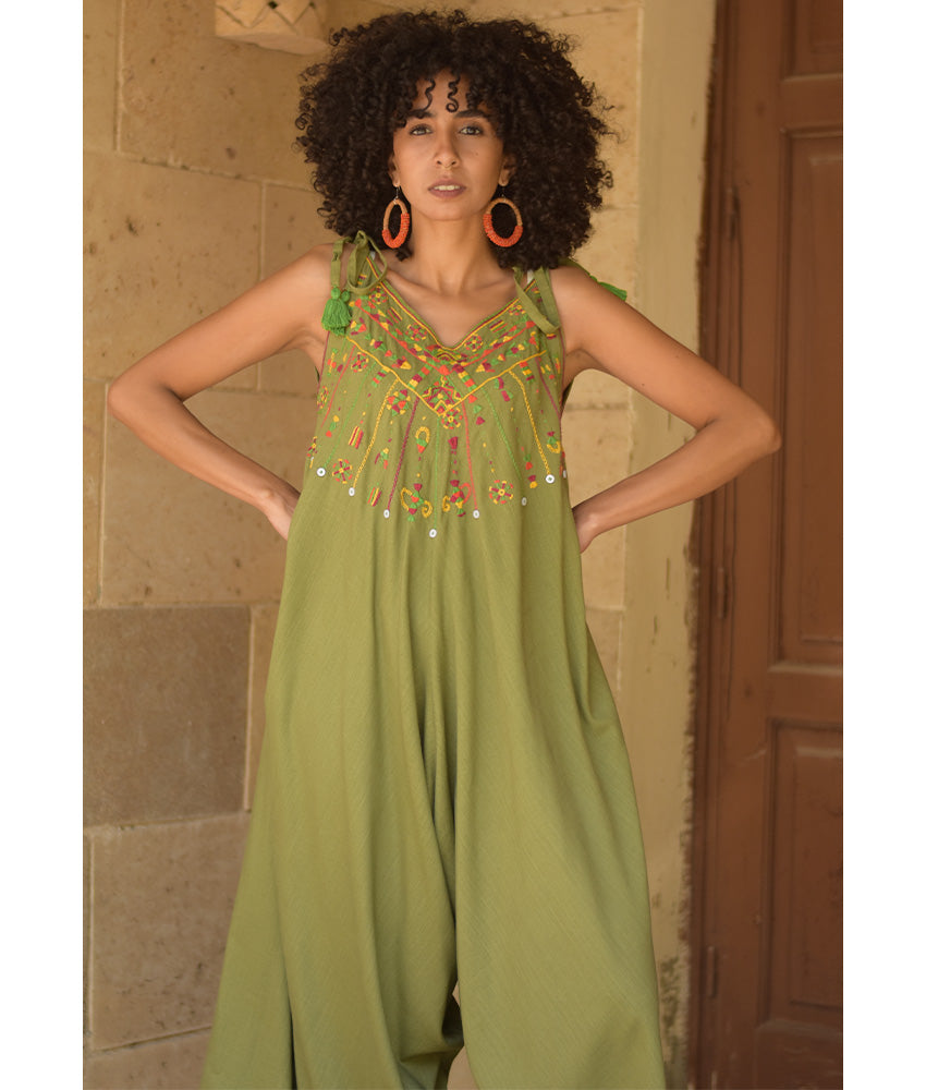 Army green Siwa Embroidered Linen Flowy Jumpsuit/Dress handmade in Egypt & available at Jozee Boutique.
