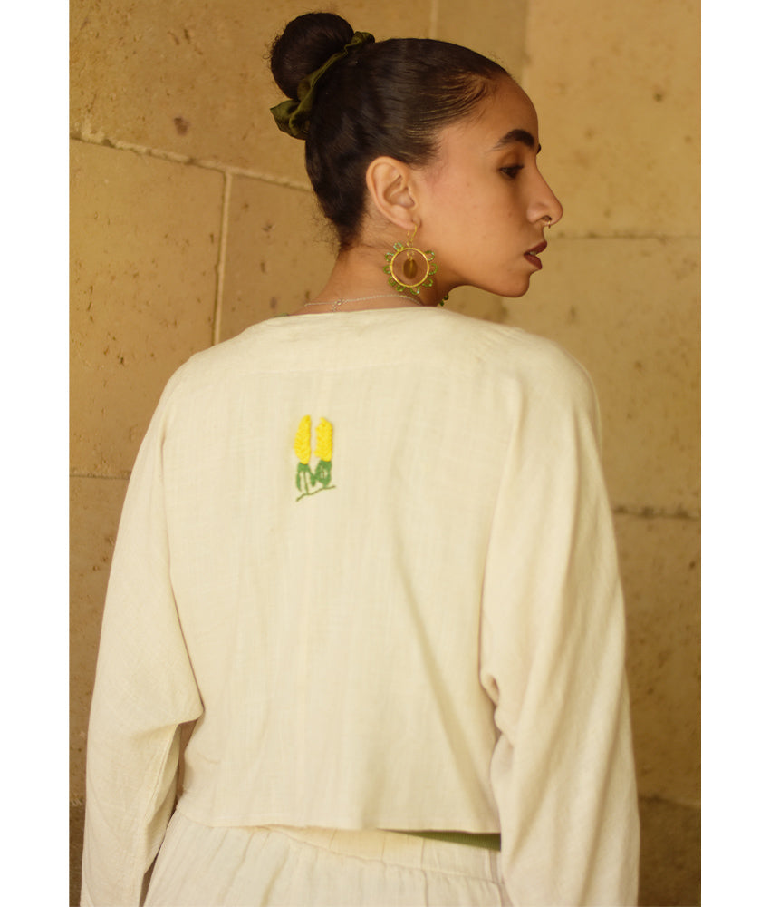 Off White Embroidered Linen Cotton Mix Bolero/Top & Pants Set handmade in Egypt & available in Jozee boutique