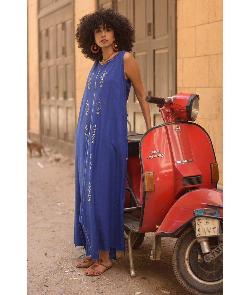 Electric Blue Linen Dress with Gold Tally Embroideries handmade in Egypt & available at Jozee boutique