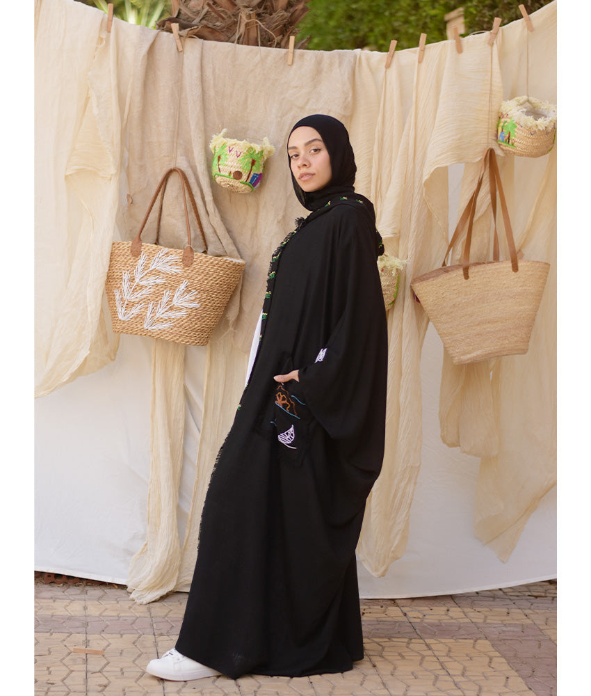 Black Hand Embroidered Linen Cardigan/Abaya with Hoodie handmade in Egypt & available at Jozee Boutique.