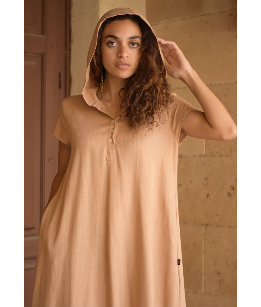 Dark beige Linen Dress with Hoodie handmade in Egypt & available at Jozee Boutique.