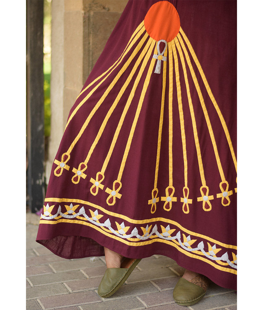 Burgundy Linen Dress with Khyamia Ancient Egyptian Crafts Patchwork handmade in Egypt & available at Jozee Boutique.