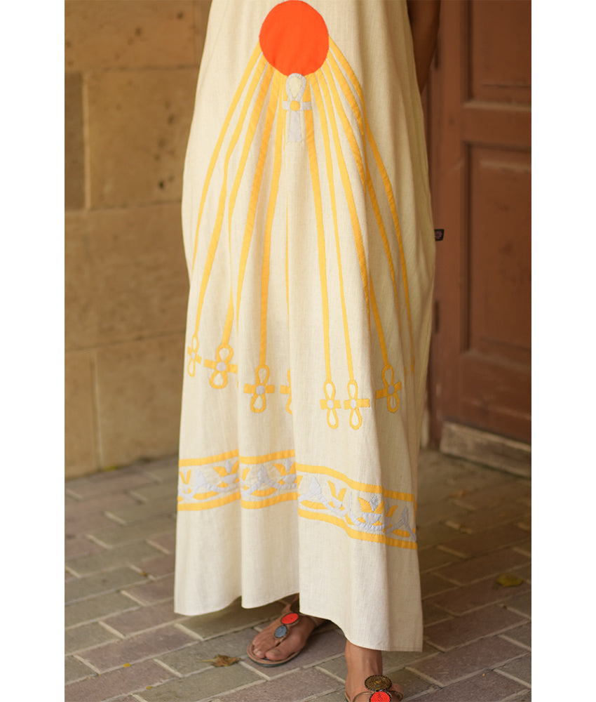 Off White Linen Dress with Khyamia Ancient Egyptian Crafts Patchwork handmade in Egypt & available at Jozee Boutique.