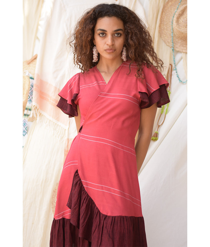Shades of Red Handwoven Short Spiral Dress handmade in Egypt & available at Jozee Boutique.