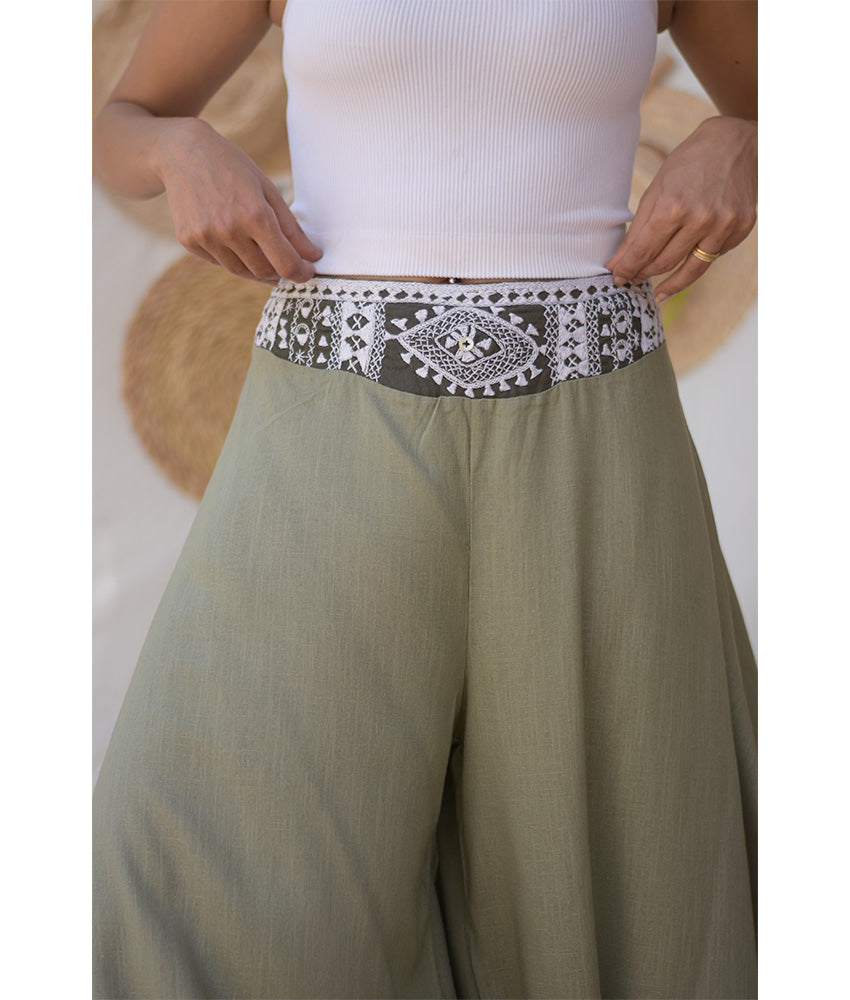 Light Olive Green Siwa Embroidered Flowy Pants handmade in Egypt & available at Jozee Boutique.
