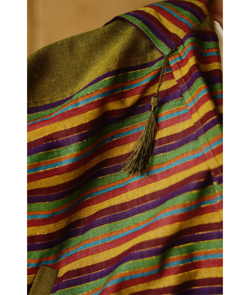 Olive Green & Multicolored Silk & Cotton Hooded Cape