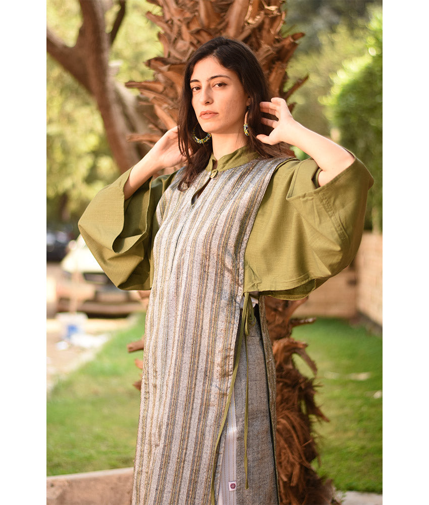Army Green & Silver Silk & Cotton Loom Woven Long Sleeve Tunic handmade in Egypt & available at Jozee Boutique.