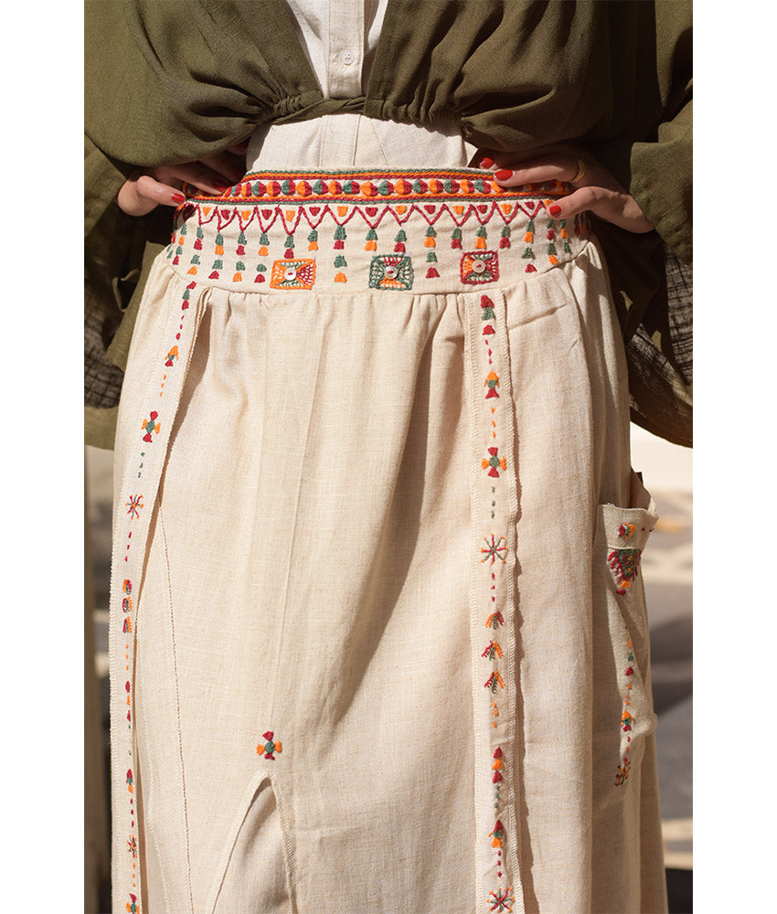 Beige Siwa Embroidered Linen Slices Skirt handmade in Egypt & available in Jozee boutique