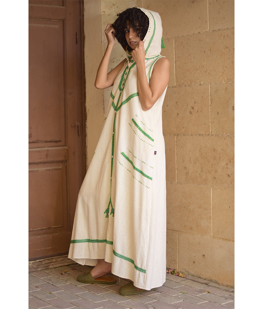 Off white Siwa Embroidered Linen Dress with Hoodie handmade in Egypt & available at Jozee Boutique.
