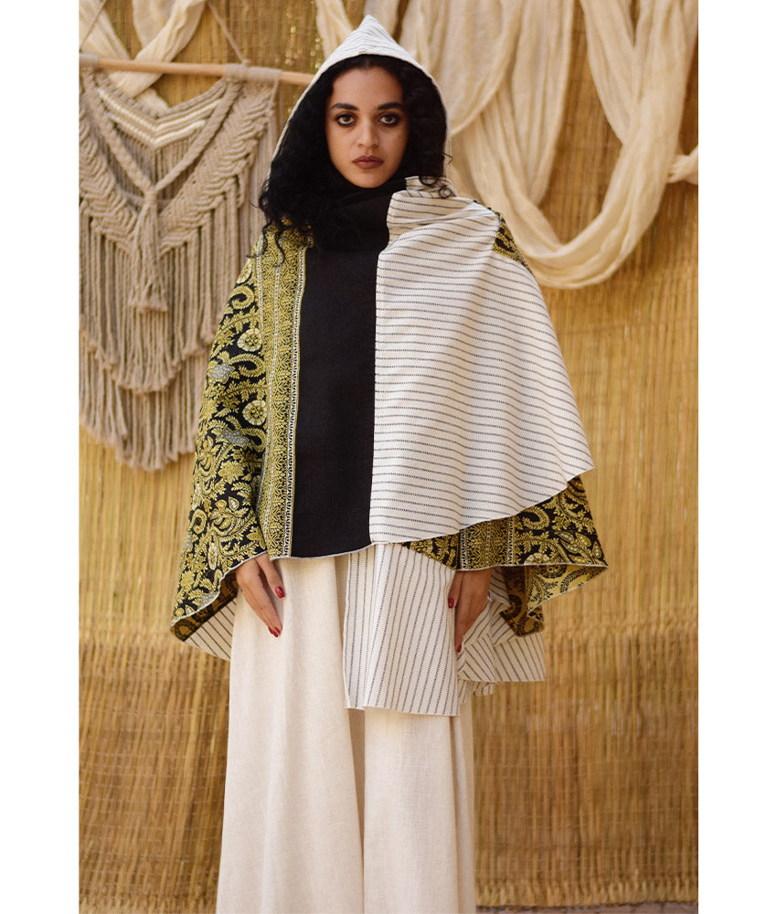 White, Black & Mustard Wool & Heavy Linen Double-Face Heritage Cape