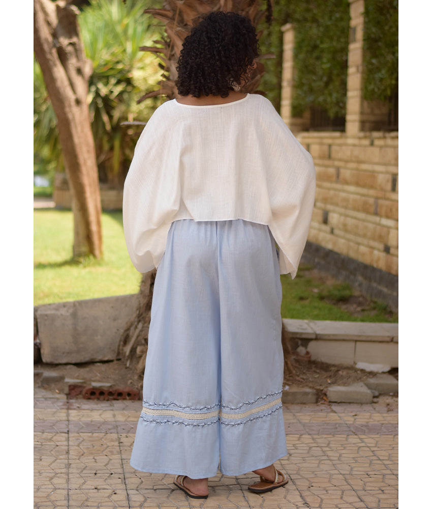 Baby blue Linen Set with Hand Embroideries handmade in Egypt & available at Jozee Boutique.