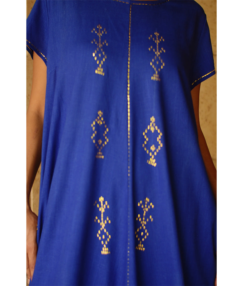 Electric Blue Linen Dress with Gold Tally Embroideries handmade in Egypt & available at Jozee boutique