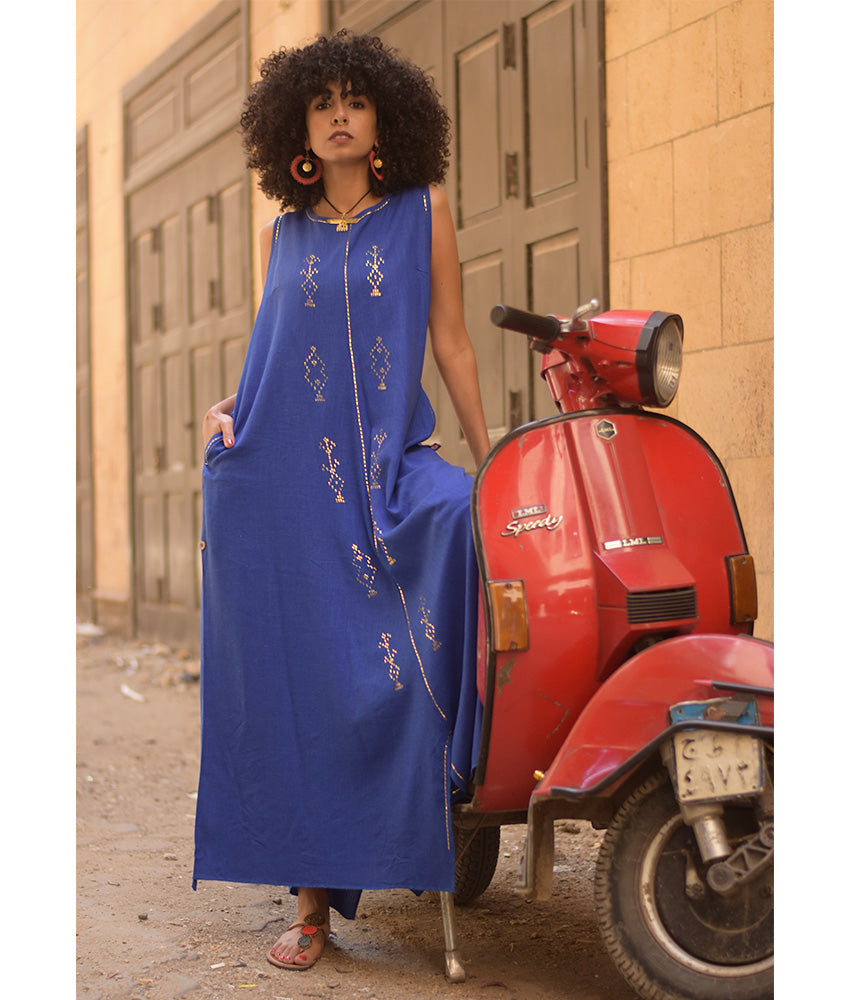 Electric Blue Linen Dress with Gold Tally Embroideries handmade in Egypt & available at Jozee boutique