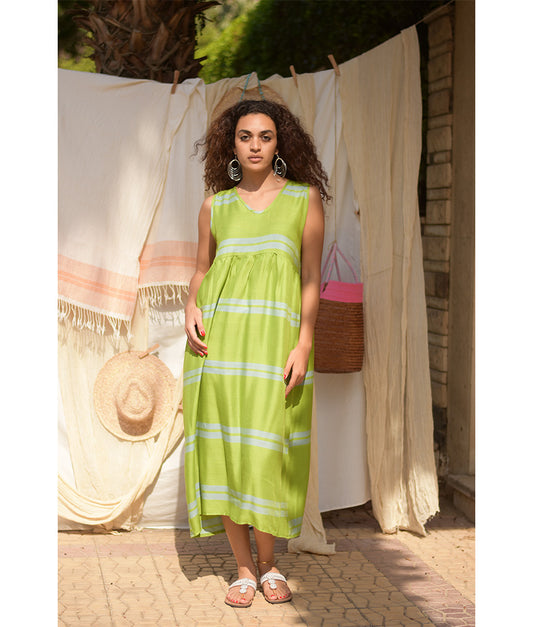 Apple Green Viscose Midi Sleeveless Dress handmade in Egypt & available at Jozee Boutique.