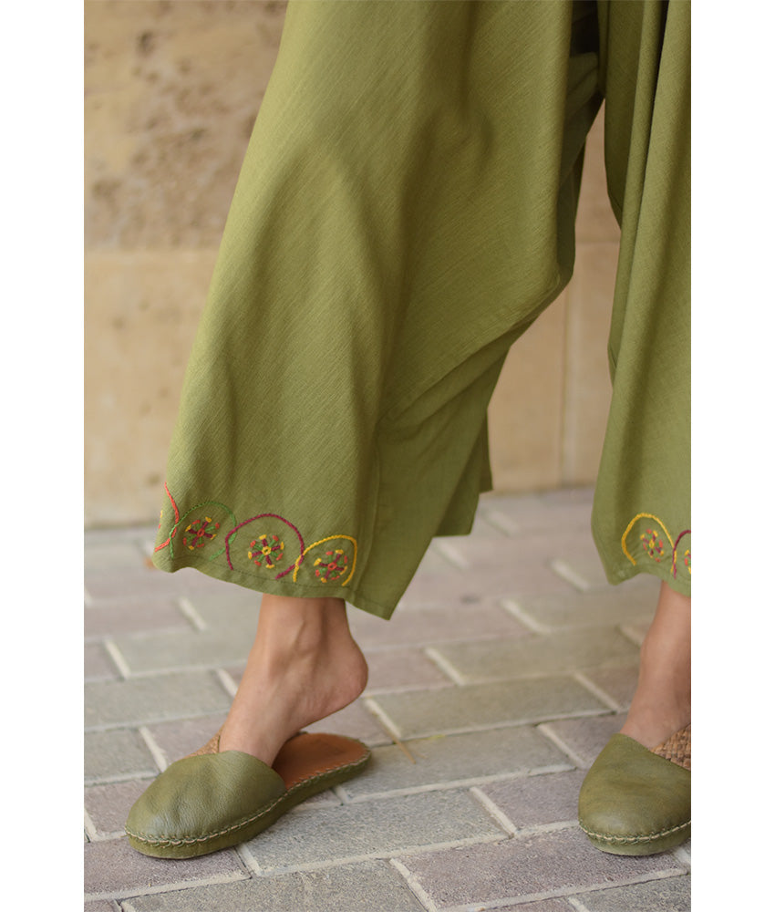 Army green Siwa Embroidered Linen Flowy Jumpsuit/Dress handmade in Egypt & available at Jozee Boutique.