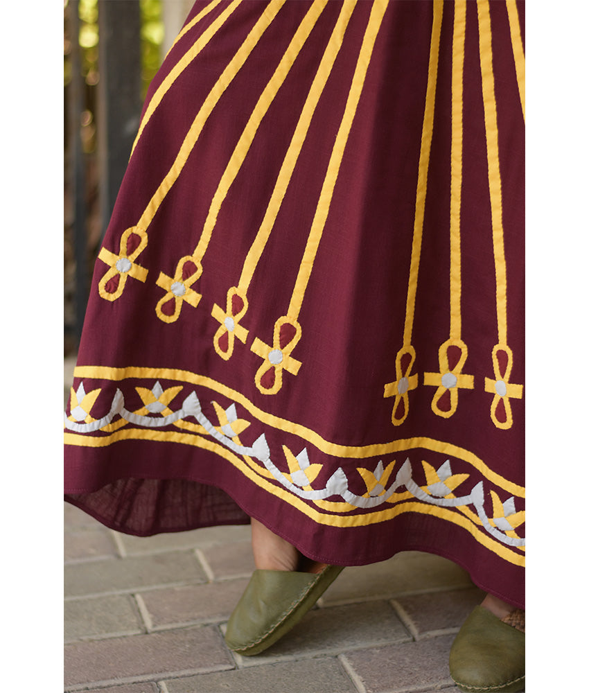 Burgundy Linen Dress with Khyamia Ancient Egyptian Crafts Patchwork handmade in Egypt & available at Jozee Boutique.