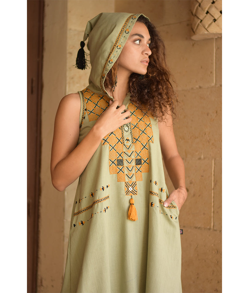 Light olive Siwa Heavily Embroidered Linen Dress with Hoodie handmade in Egypt & available at Jozee Boutique.
