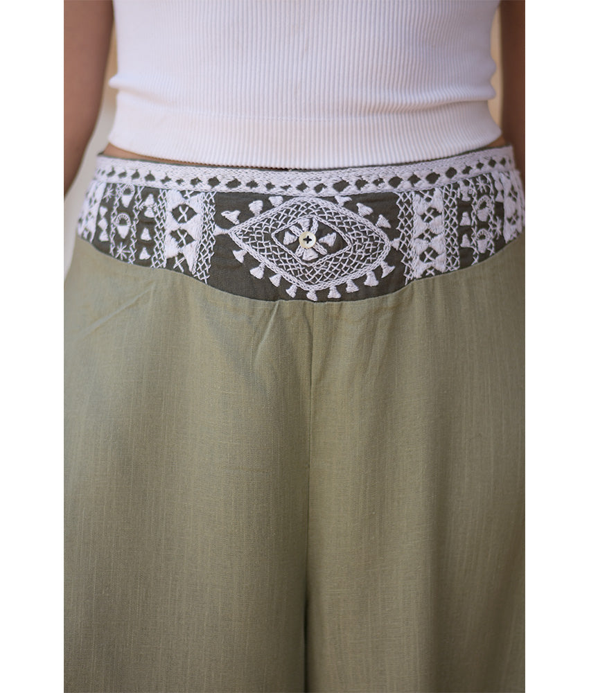 Light Olive Green Siwa Embroidered Flowy Pants handmade in Egypt & available at Jozee Boutique.
