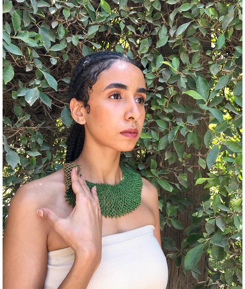 Green & Gold Double Layer French Loom Beaded Necklace handmade in Egypt & available at Jozee Boutique.