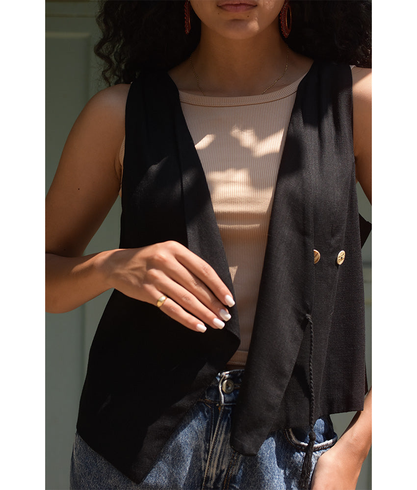 Black El Mahrousa Linen Wrap Vest handmade in Egypt & available at Jozee Boutique.
