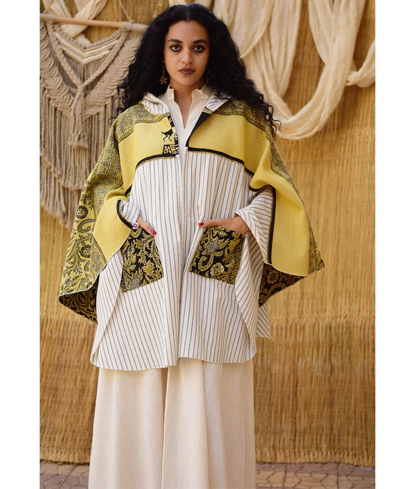 White, Black & Mustard Wool & Heavy Linen Double-Face Heritage Cape
