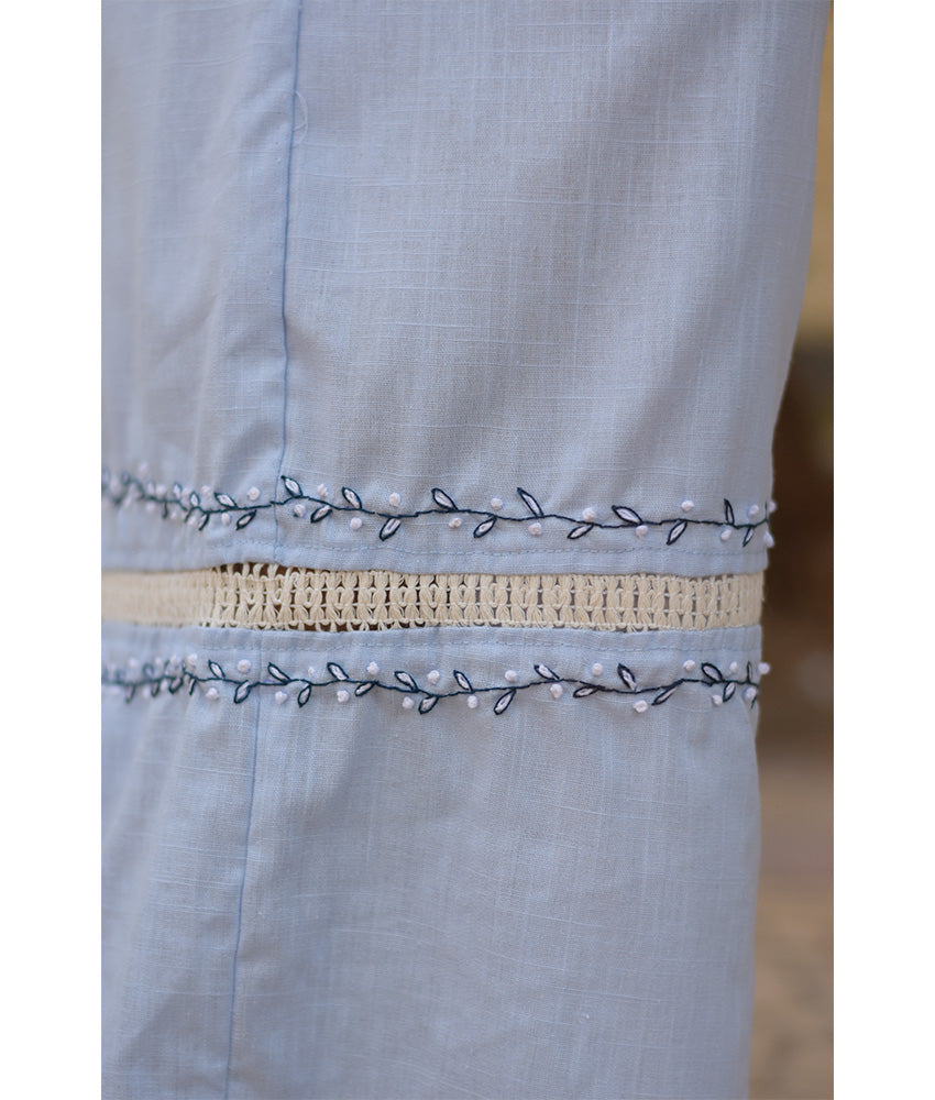 Baby blue Linen Set with Hand Embroideries handmade in Egypt & available at Jozee Boutique.