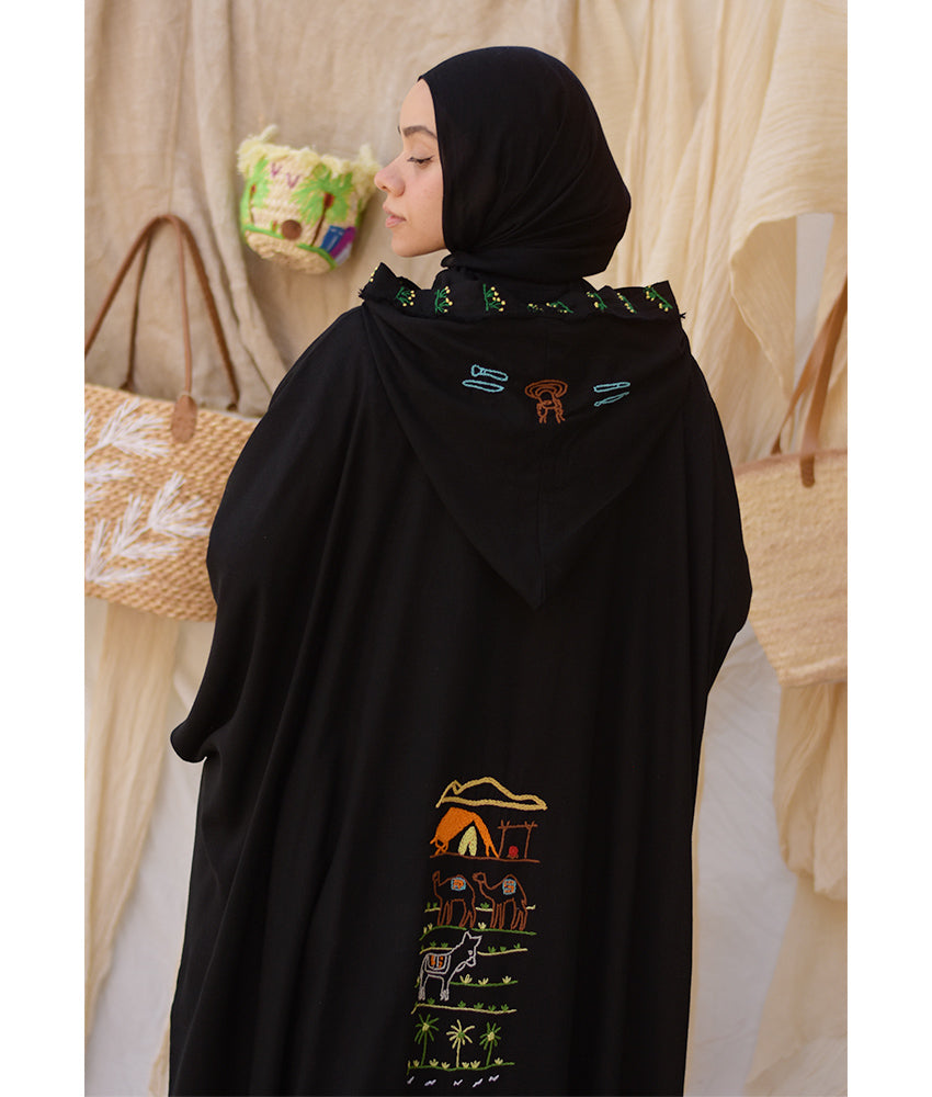 Black Hand Embroidered Linen Cardigan/Abaya with Hoodie handmade in Egypt & available at Jozee Boutique.