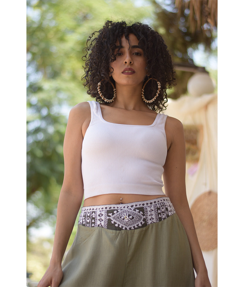 Light Olive Green Siwa Embroidered Flowy Pants handmade in Egypt & available at Jozee Boutique.