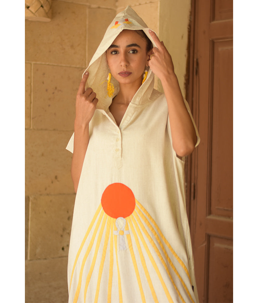 Off White Linen Dress with Khyamia Ancient Egyptian Crafts Patchwork handmade in Egypt & available at Jozee Boutique.