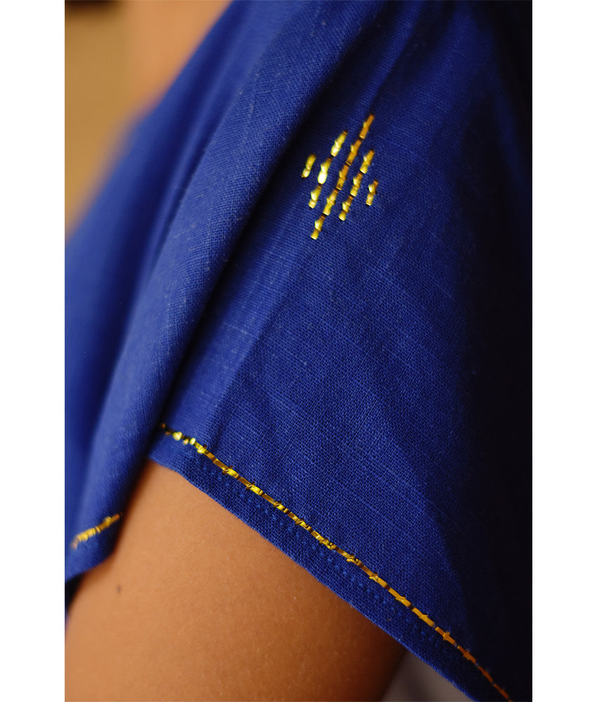 Electric Blue Linen Dress with Gold Tally Embroideries handmade in Egypt & available at Jozee boutique